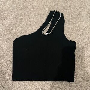 H&M Black One-Shoulder Crop Top with Rhinestone Accent